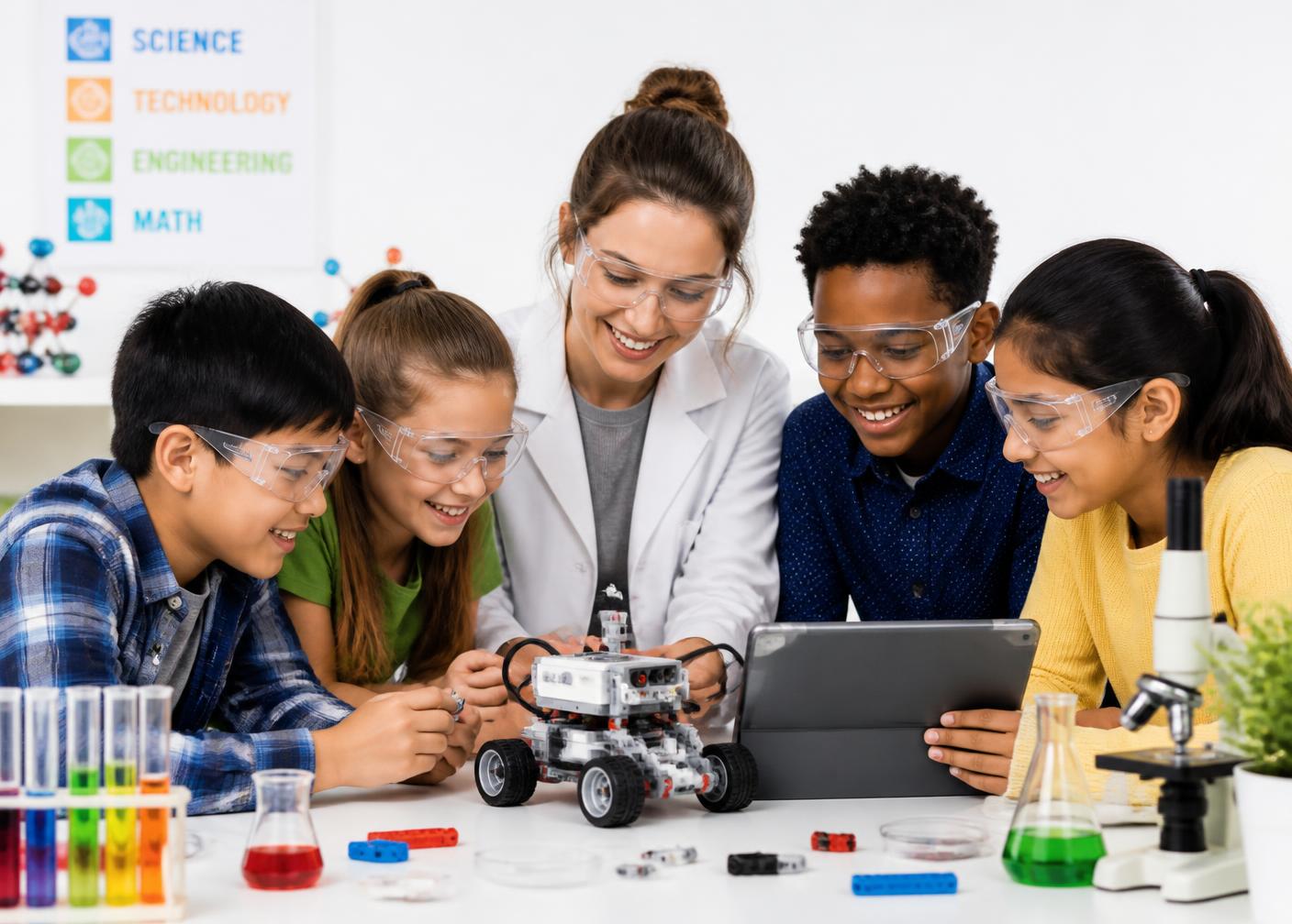 Teacher and students building a robot car together